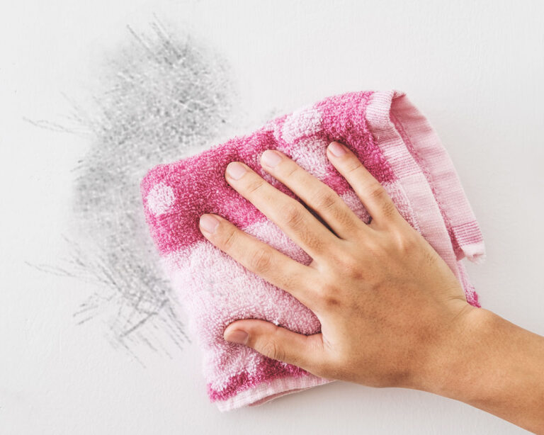 Hand cleaning white wall, with copy space